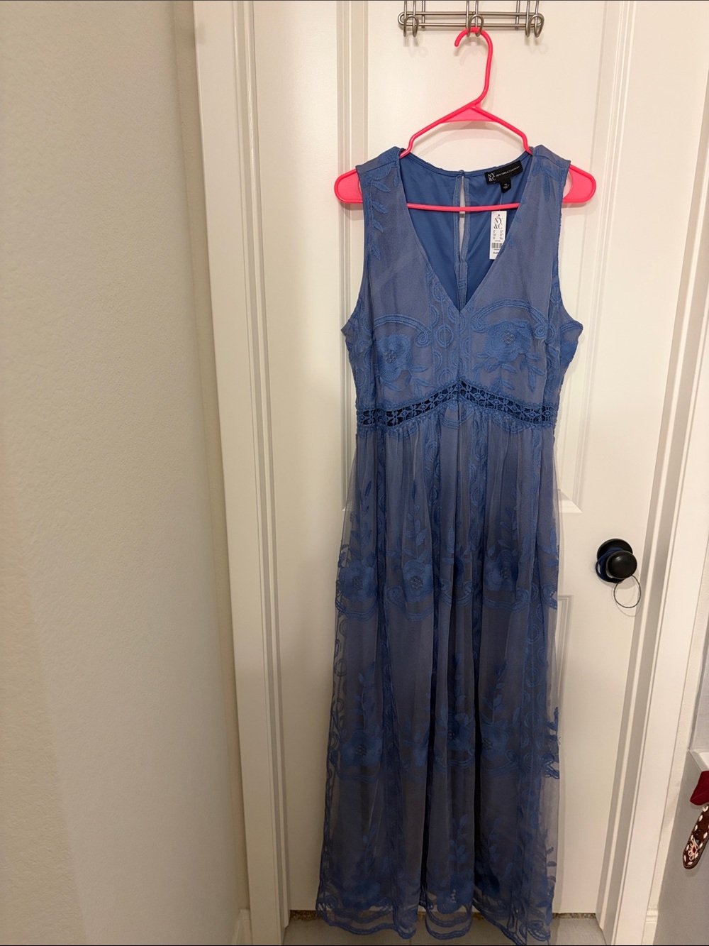 New York & Company Dusty Blue Lace Maxi Dress